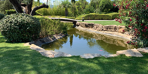 Aménagement d'un jardin en gazon synthétique avec bassin, poissons et pont